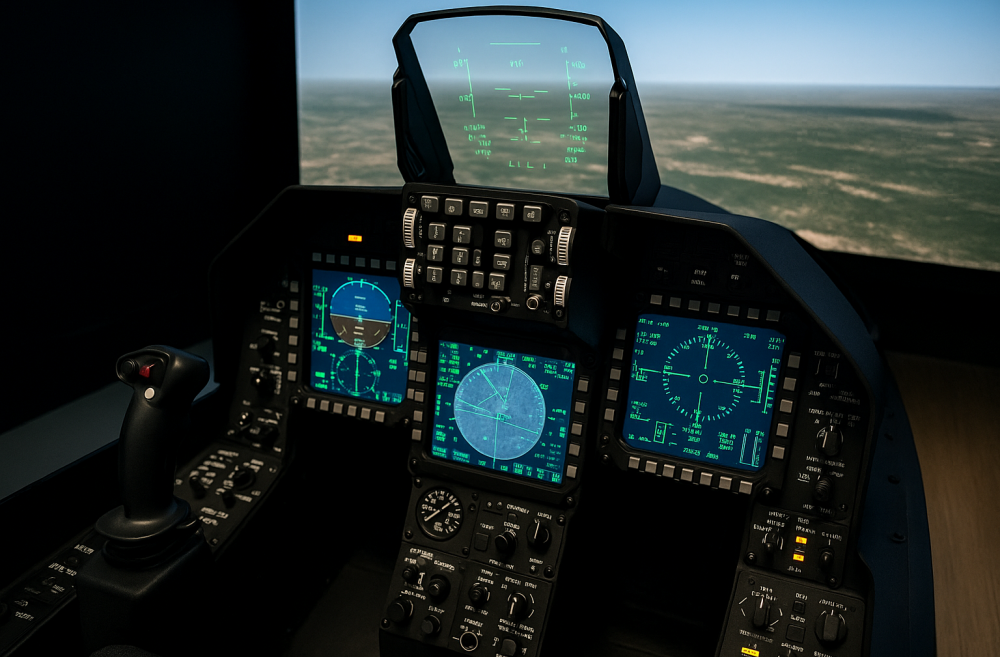 A military flight simulator cockpit featuring authentic switches, controls, and display panels identical to a real fighter jet, highlighting the detailed hardware replication used in modern pilot training.