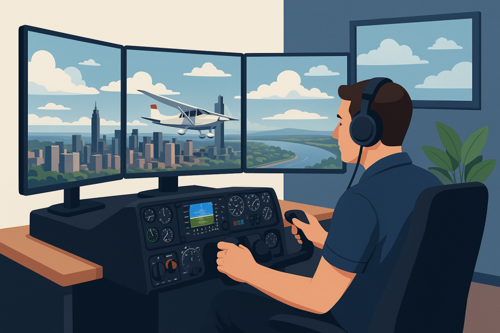 A modern flight simulation setup showing a user in a gaming chair using a control panel and triple-monitor display, flying a small aircraft over a detailed cityscape with realistic sky and terrain visuals.