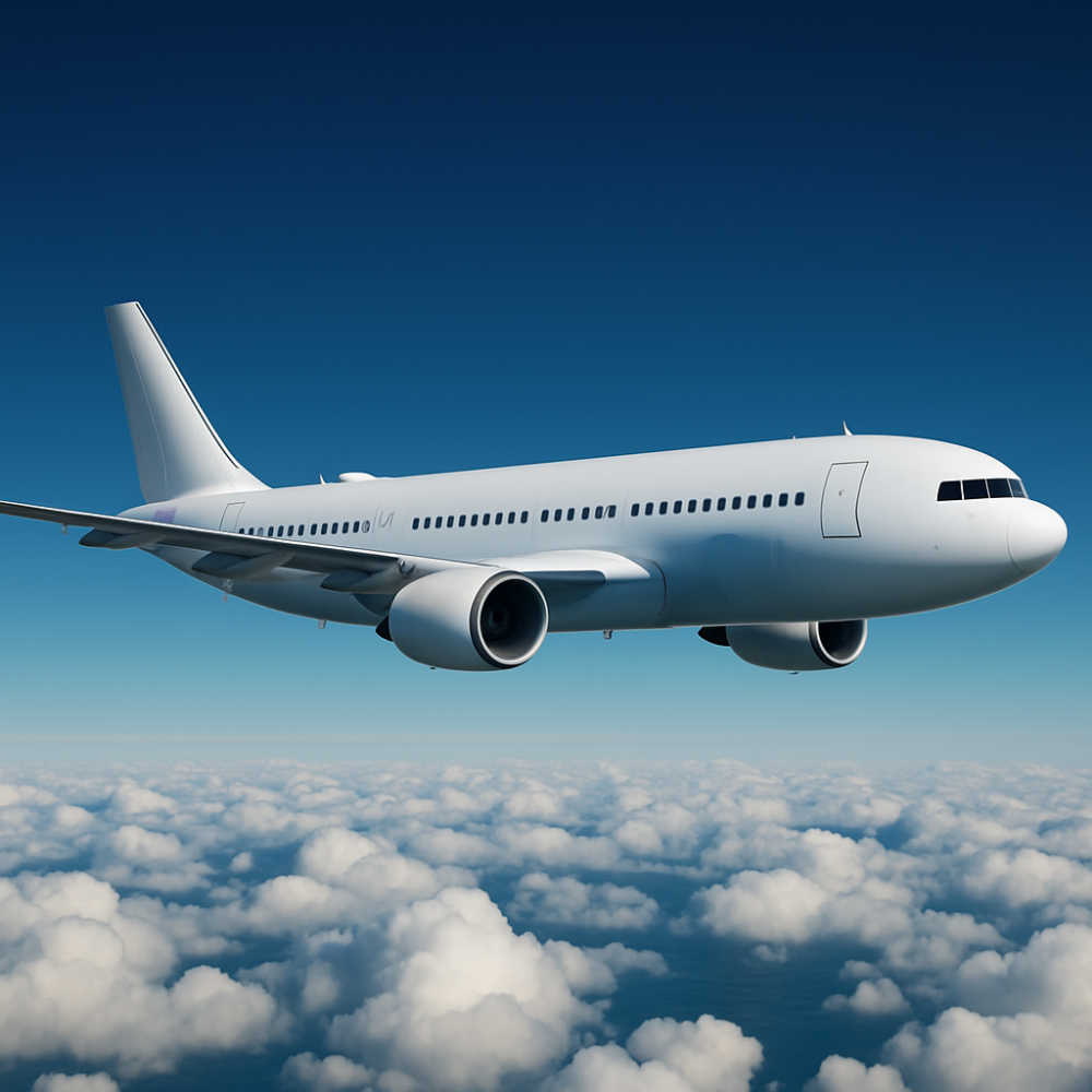 A high-altitude view of a twin-engine commercial jet cruising above a thick layer of clouds under a clear blue sky.
