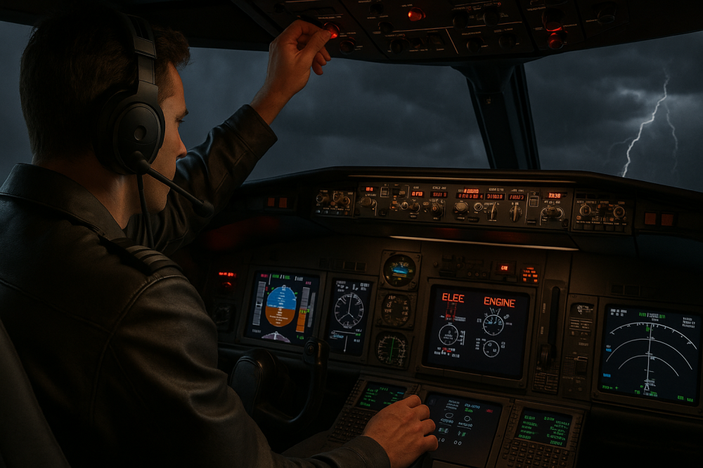 A simulator pilot managing a critical system failure in the cockpit during a thunderstorm, with illuminated engine and electrical alerts on flight displays.
