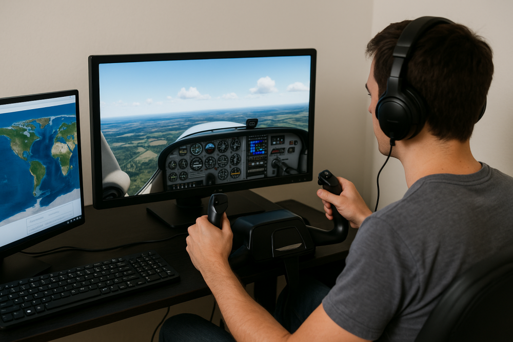 Home flight simulation setup with a young man using a yoke and throttle, piloting a virtual aircraft across dual monitors that display a cockpit and satellite map, symbolizing accessible and immersive aviation training.
