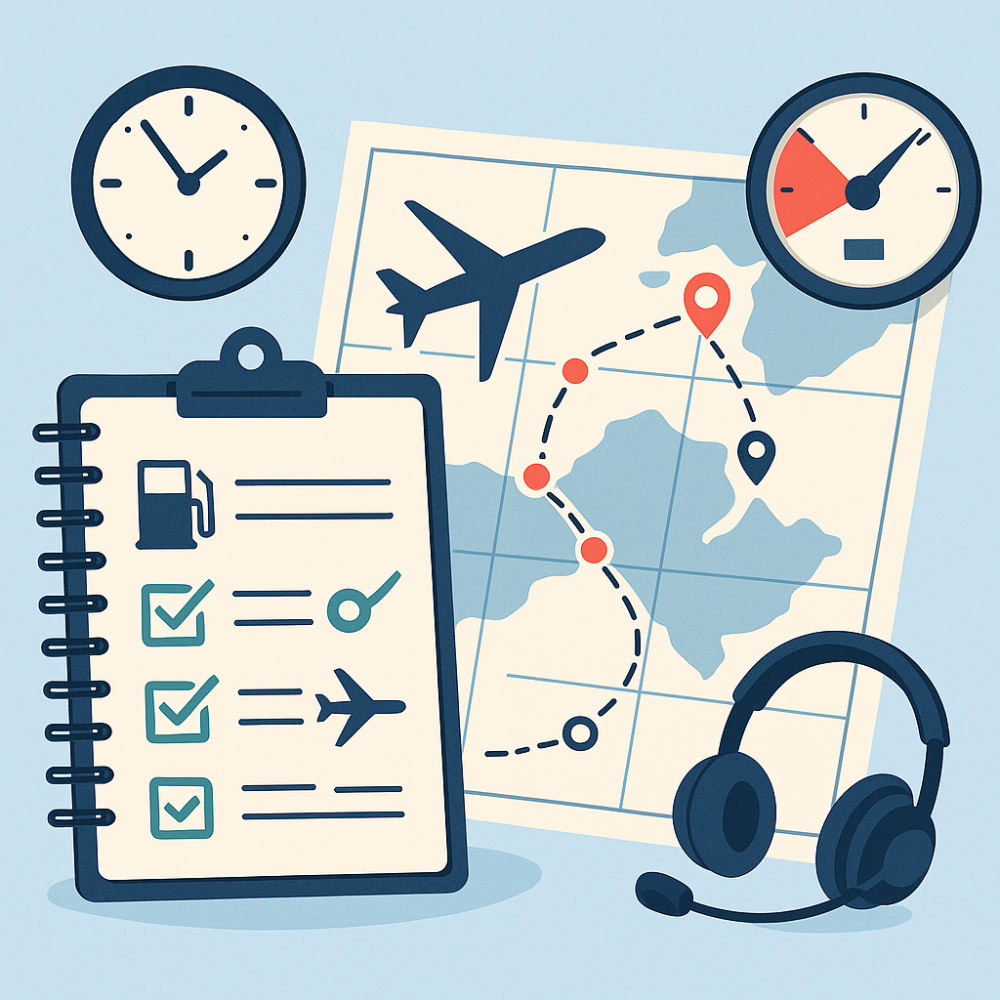 Flat-style digital illustration showing a flight planning checklist, fuel gauge, clock, map with waypoints, and aviation 