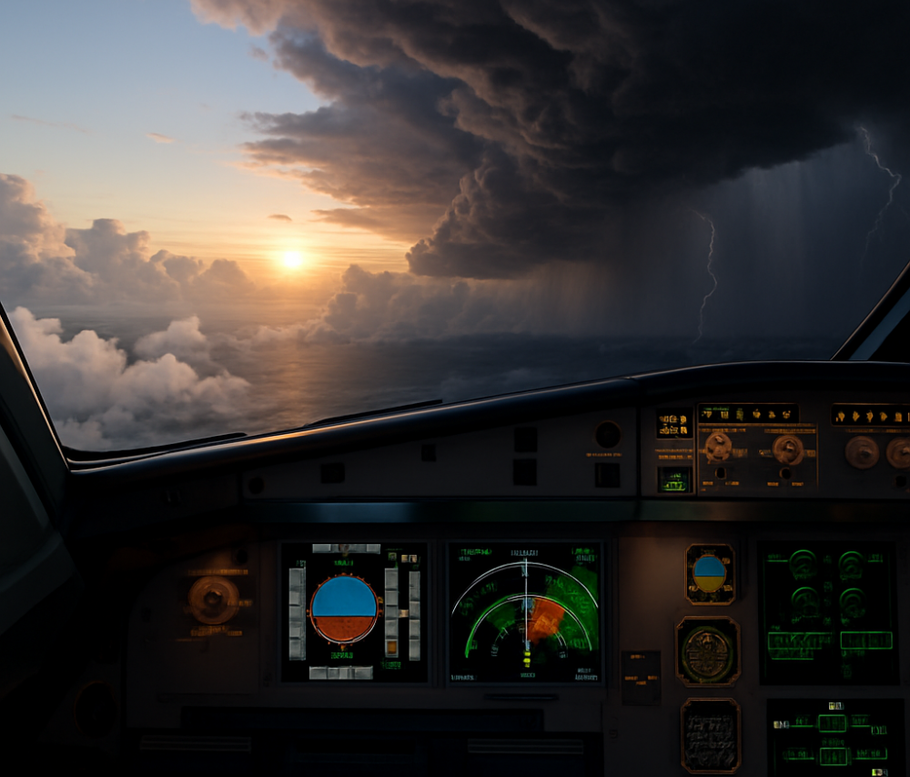 Cockpit view in a flight simulator showing sunset on one side and a storm with lightning on the other, with weather radar and flight instruments displayed.