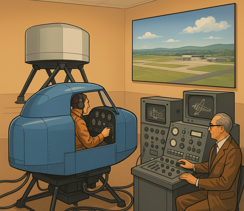 Vintage flight simulation lab featuring a pilot in a Link Trainer and a technician operating analog controls, with a backdrop of a projected runway scene representing early innovation in flight training.