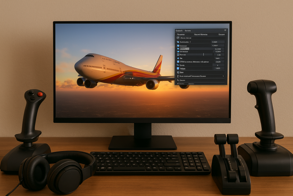 A digital photograph captures a high-end flight simulation setup with a Boeing 747 flying through a vivid sunset on the screen, surrounded by a joystick, throttle quadrant, headphones, and a visual settings panel—highlighting tools used to enhance audio and visual immersion.