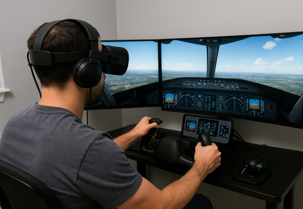 A flight sim pilot wearing a VR headset and headphones operates a home cockpit setup with a yoke, throttle quadrant, and triple-screen display showing in-flight visuals.