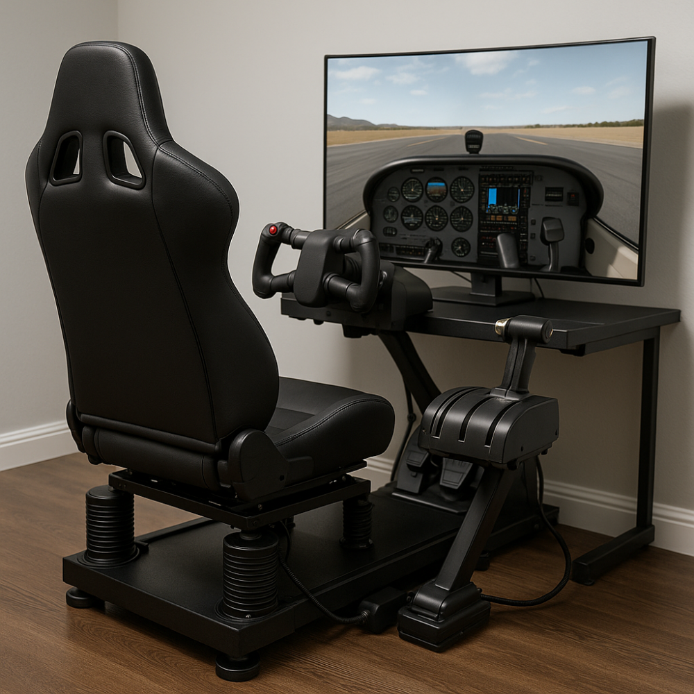 A flight simulator setup featuring a racing-style seat mounted on a motion platform, with a yoke, throttle quadrant, and large monitor displaying a cockpit view, designed to simulate full-body motion and feedback during flight.