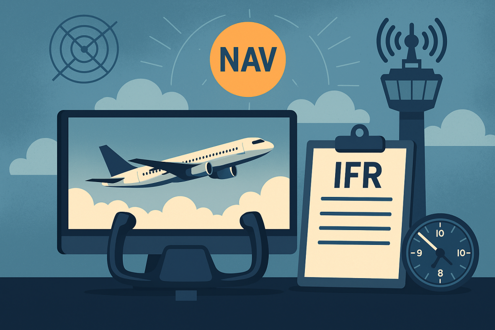 A flight simulator setup showing a commercial jet on a monitor, surrounded by flight planning tools and ATC elements, representing IFR simulation training.