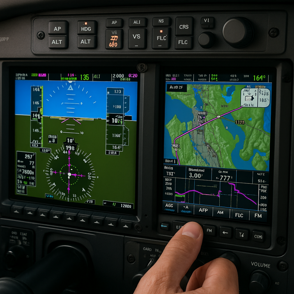 A close-up of a G1000 avionics display in a flight simulator showing an IFR flight path, approach course, autopilot panel, and navigation data, emphasizing simulator use for instrument training and avionics proficiency.