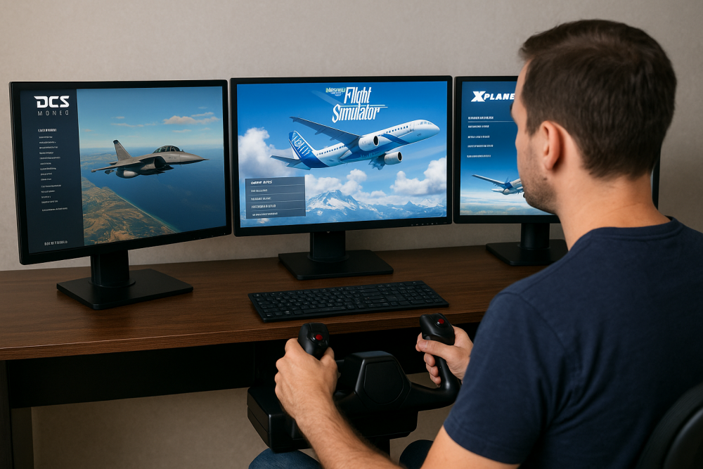 Virtual pilot comparing different flight simulator platforms on multiple monitors to choose the best option for multiplayer flights