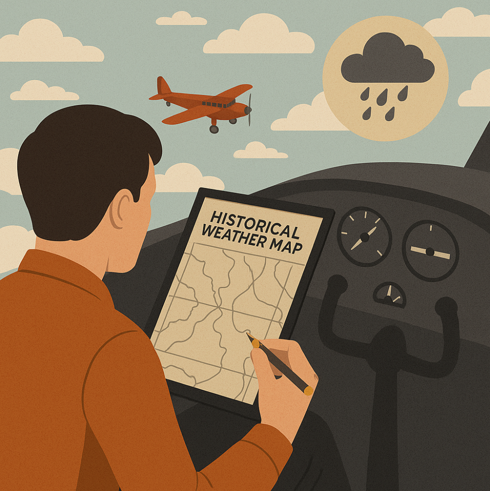 A pilot inside a cockpit studying a historical weather map while observing a vintage red monoplane flying through cloudy skies, illustrating classic weather planning.