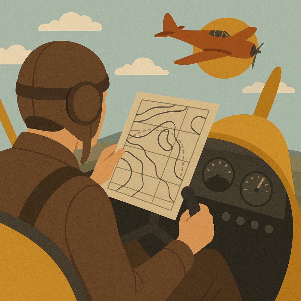 A vintage pilot flying a yellow biplane while reading a terrain map, with a WWII fighter aircraft soaring nearby, symbolizing performance challenges and historical flight scenarios.