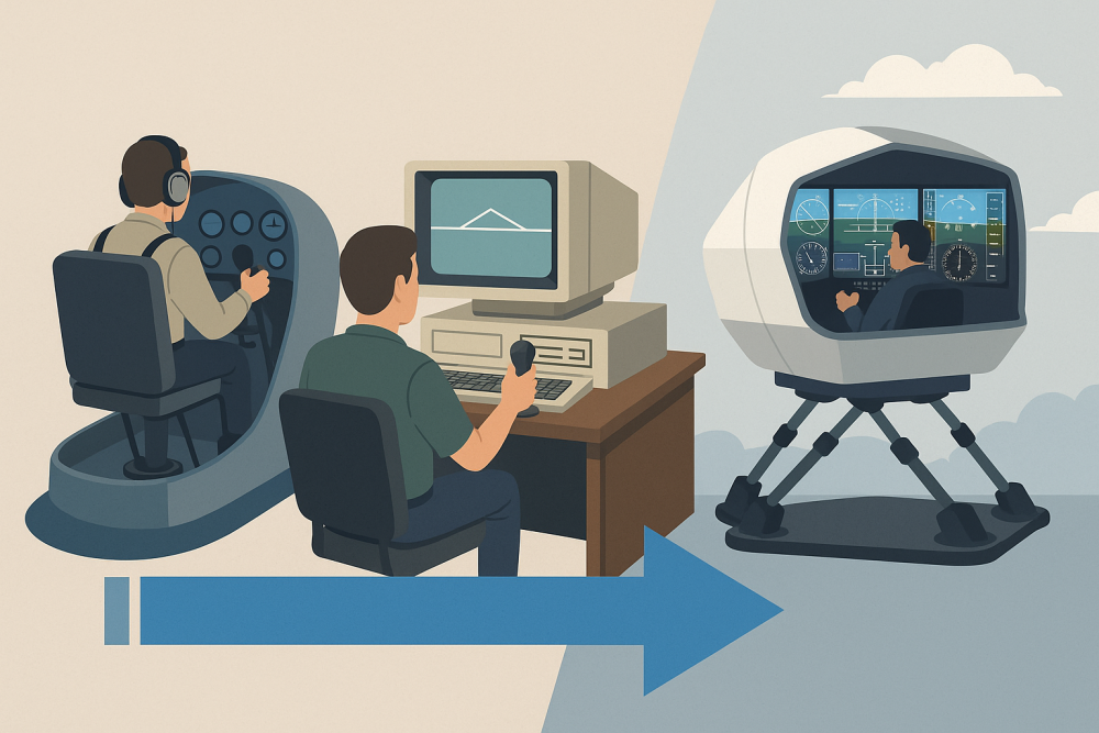 A three-stage illustration of the digital transformation of flight simulators, showing a mechanical trainer on the left, a 1970s joystick and CRT setup in the center, and a modern full-motion simulator pod on the right, all connected by a large blue arrow.