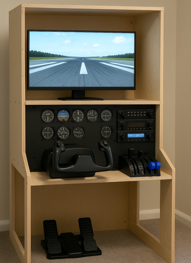 A DIY home flight simulator cockpit built from a wooden frame, featuring a mounted monitor, yoke, throttle quadrant, rudder pedals, and a panel of analog gauges and avionics, simulating a realistic flight deck environment.