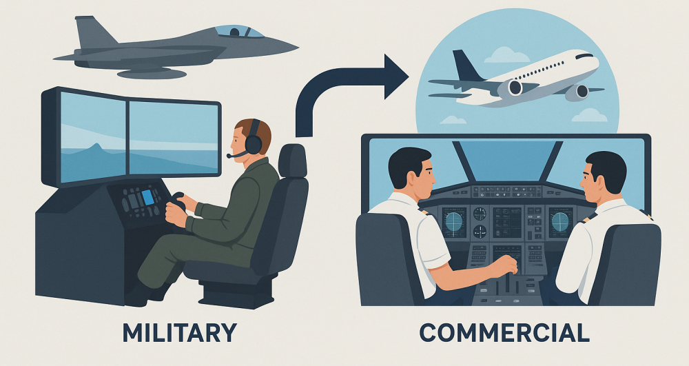Split-scene illustration showing military pilot in a simulator and two commercial pilots training in a cockpit simulator, representing both sectors' use of flight simulators for high-stakes training.