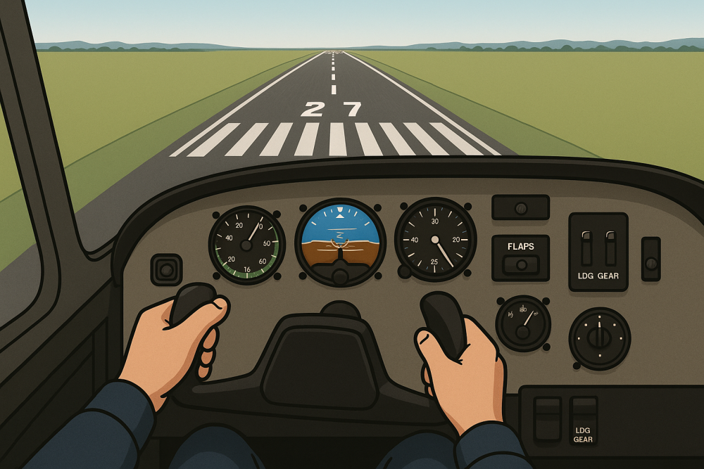 Pilot’s view during final approach showing hands on yoke, detailed instruments, and a runway ahead for visualizing roundout, flare, and touchdown zone.