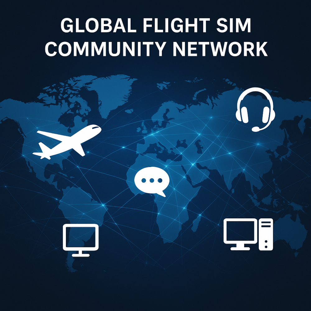 Digital world map showing flight simulation network with icons of airplane, headset, chat bubble, and computer connected by glowing lines