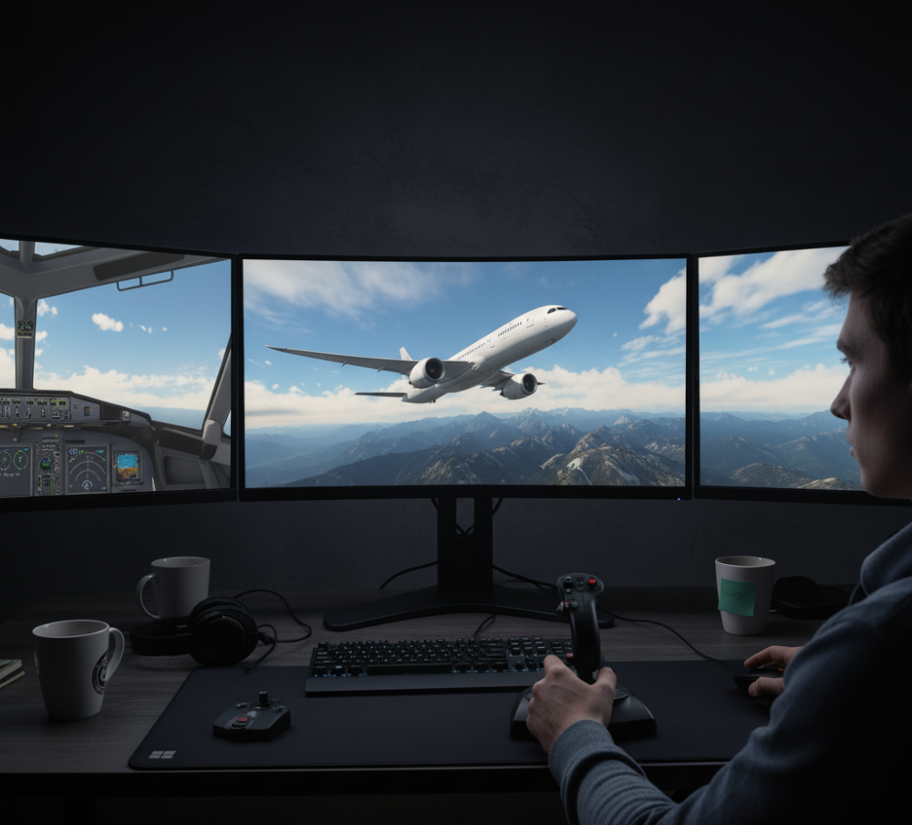 A flight simulator's Realism and Flight Dynamics settings menu on a monitor, with sliders and toggles visible but all text blurred out.