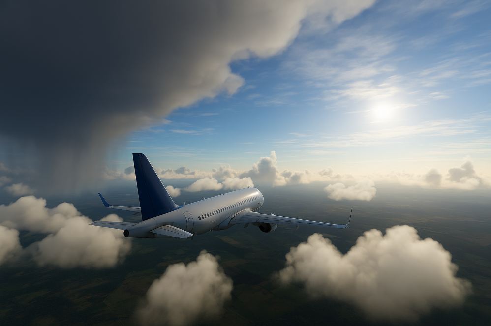 Flight simulator aircraft flying through diverse weather conditions—cloud layers, sunlight, and wind effects—highlighting how real-time data shapes each unique flight experience.