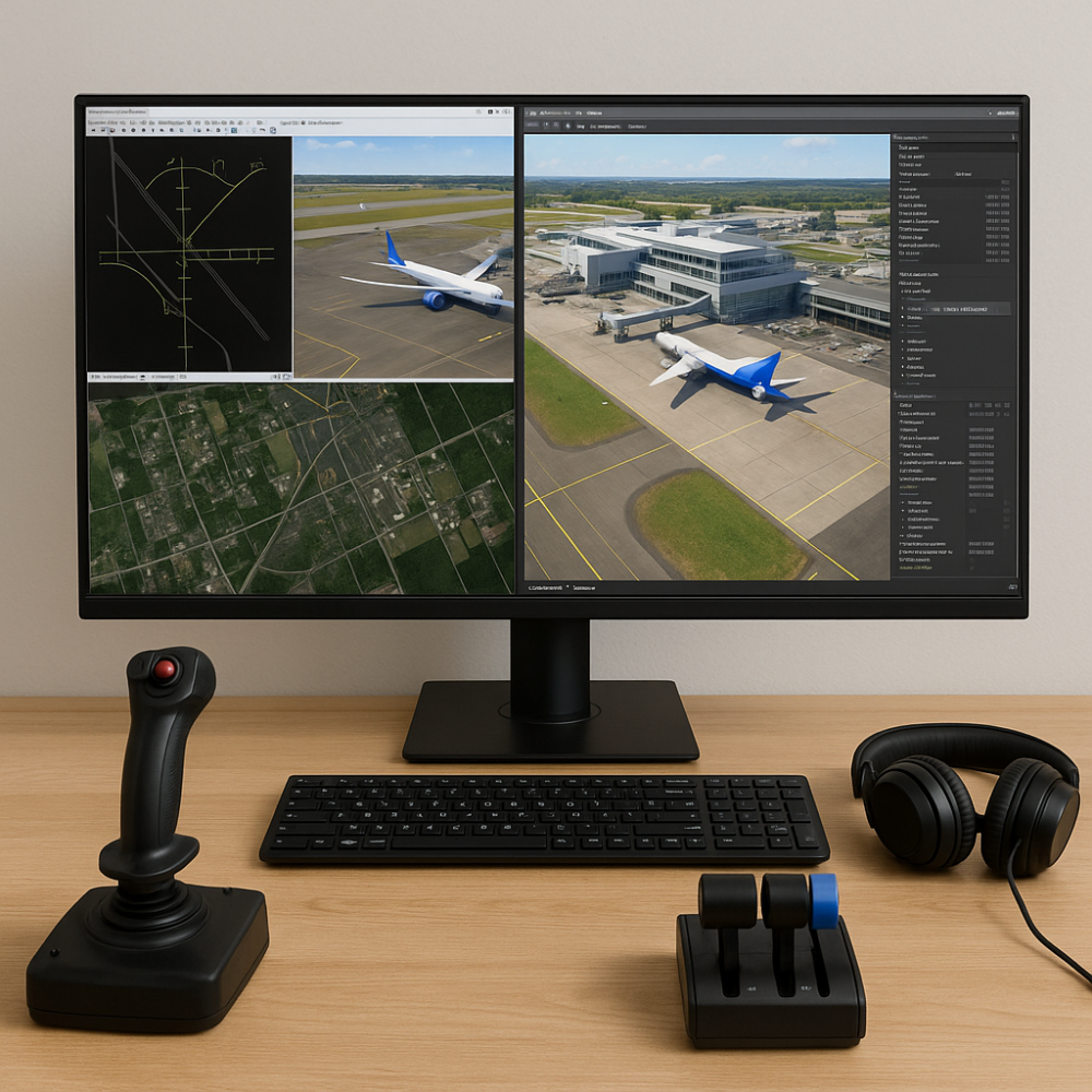 A high-resolution photo of a flight sim workstation featuring a monitor displaying airport design software with satellite imagery and 3D terminal modeling, alongside a joystick, throttle quadrant, keyboard, and headphones on a wooden desk.