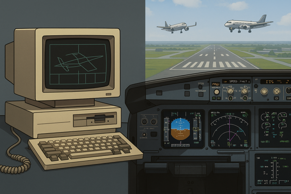 A split-view digital illustration showing the evolution of flight simulation navigation and multiplayer systems, with a vintage CRT-based simulator using wireframe graphics on the left and a modern glass cockpit displaying digital instruments and approaching aircraft on the right, emphasizing real-time coordination and realism.