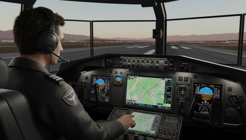 A virtual airline pilot interacting with an FMC and route display in a flight simulator cockpit during taxi for departure