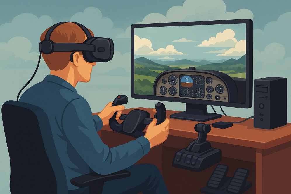 A digital illustration of a person using a modern home flight simulator setup with a VR headset, flight yoke, throttle controls, and rudder pedals, representing innovations in simulation technology.