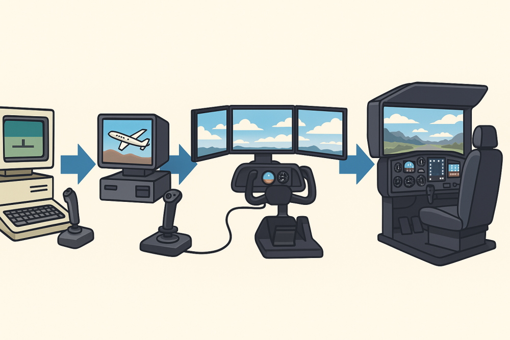 A four-stage visual timeline of Microsoft Flight Simulator's development, starting with a basic 2D CRT monitor and joystick, advancing through textured 3D graphics, multi-monitor cockpit setups, and ending with a full simulator rig featuring realistic flight instruments and a panoramic display.
