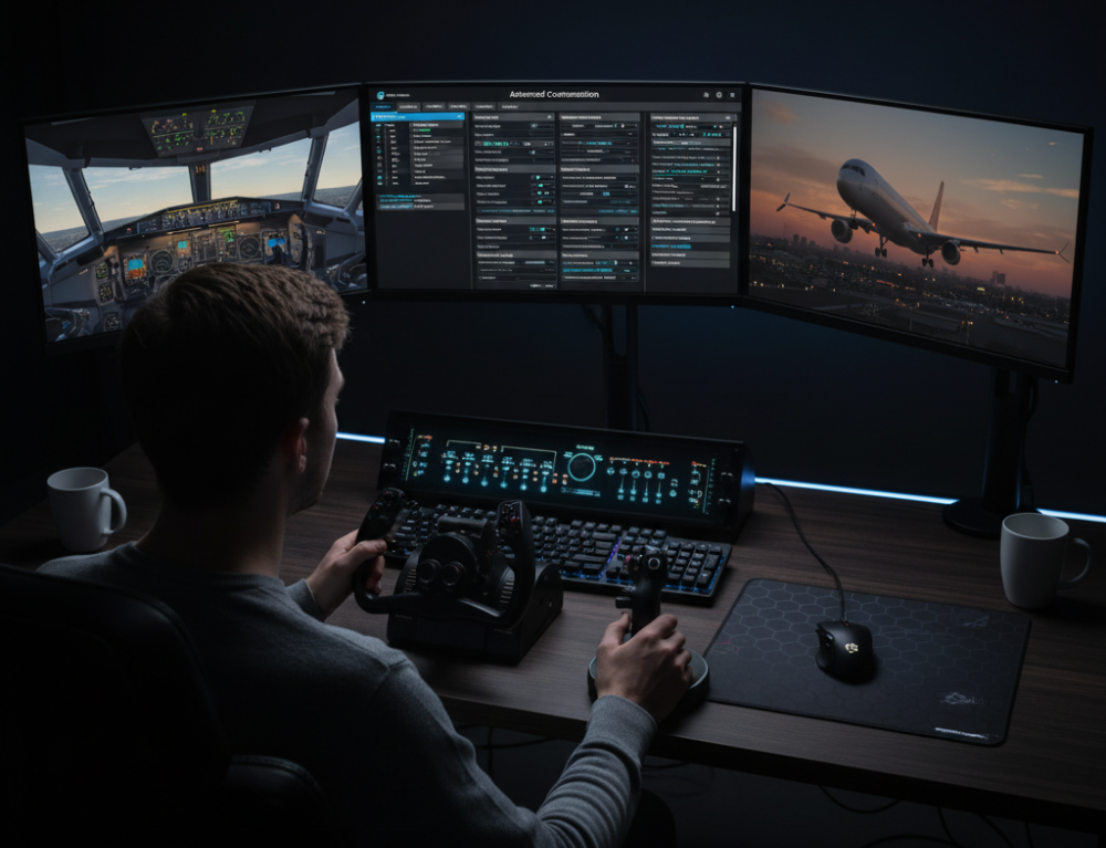 A monitor displays a flight simulator's detailed Graphics and Advanced Settings menu with many blurred toggles and sliders for performance and visual fidelity.