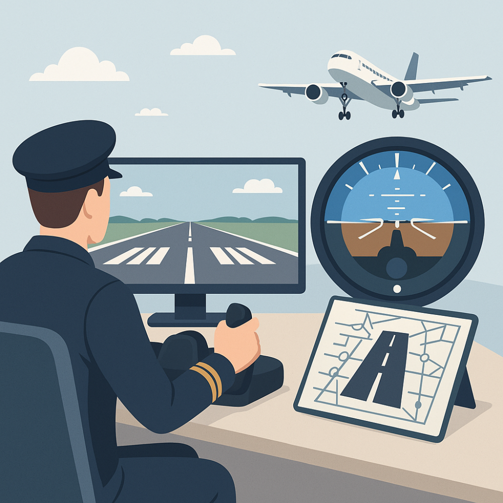 Illustration of a pilot using a flight simulator with runway visuals, flight instruments, and a landing chart to practice landing techniques.