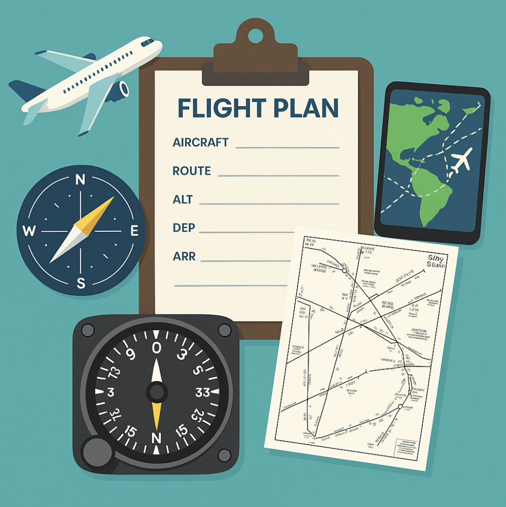 Flat-style digital illustration showing an aviation flight plan with navigation instruments, aircraft route map, and compass