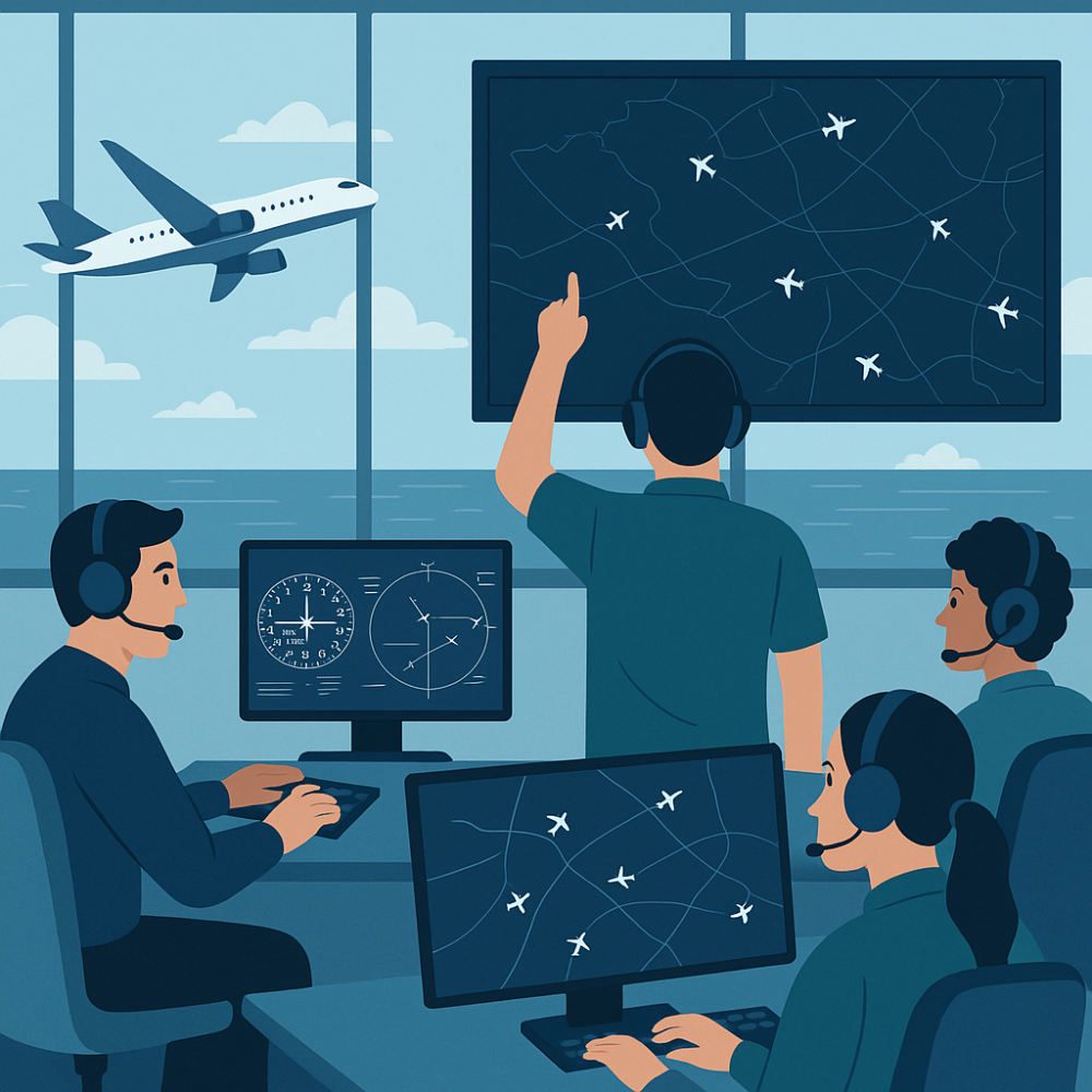 Illustration of virtual air traffic controllers managing transatlantic flights on radar screens, with a commercial airplane flying across the ocean outside large windows.
