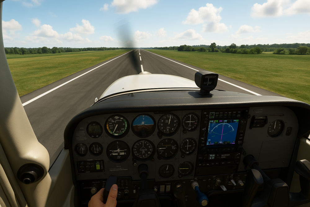 Cockpit view of a small aircraft lifting off the runway, showing instruments and ground effect close to the surface, representing rotation and climb speed control in simulated takeoff.