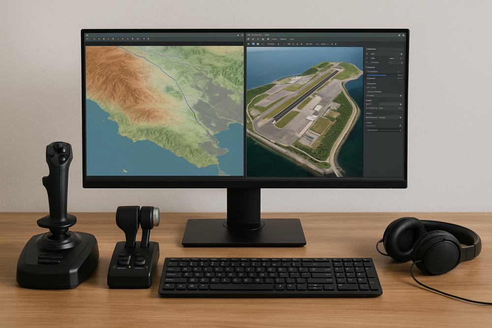 A high-resolution photograph captures a flight simulation design setup with a widescreen monitor displaying detailed elevation mapping and a coastal airport layout, alongside a joystick, throttle quadrant, keyboard, and headphones on a wooden desk.