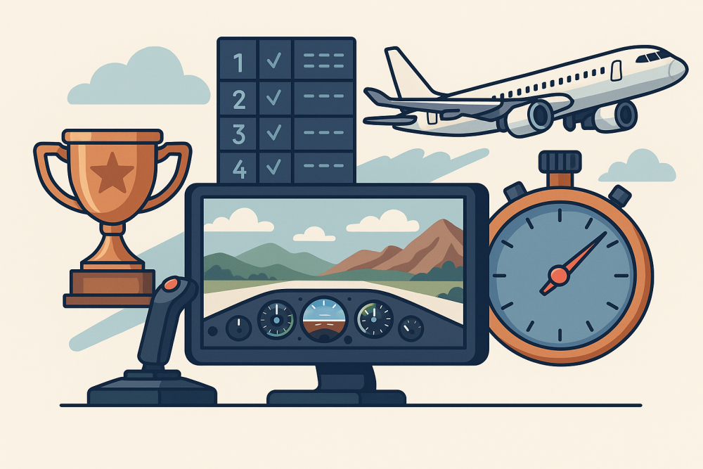 Illustration of flight simulation competitions featuring a virtual cockpit, joystick, trophy, stopwatch, and airplane, symbolizing skill-building and community challenges.