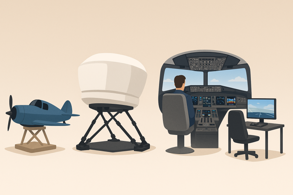 Illustration of flight simulation evolution from mechanical trainer to full-motion simulator, commercial cockpit, and home PC setup, highlighting digital transformation in training.
