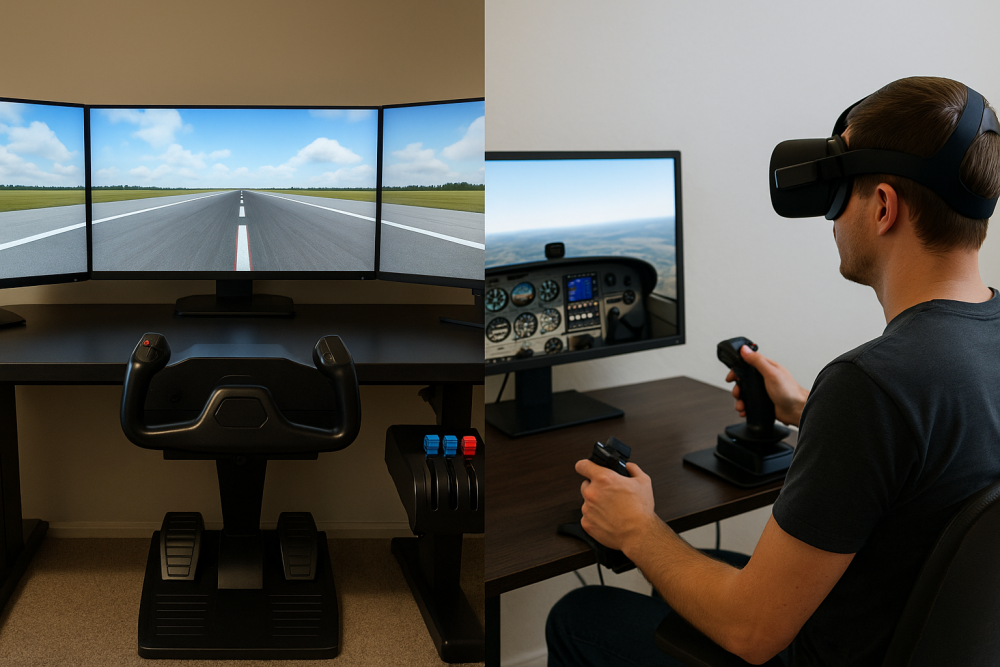 A composite view showing two flight simulator setups: one with a triple-monitor display and full control setup, and the other featuring a user wearing a VR headset with a joystick and throttle in front of a single monitor showing cockpit visuals.