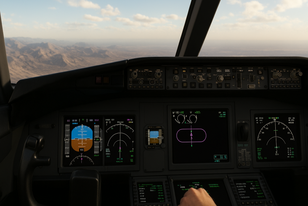A commercial aircraft cockpit in cruise showing the flight displays with a holding pattern route and optimized speed indicators over a mountainous landscape.