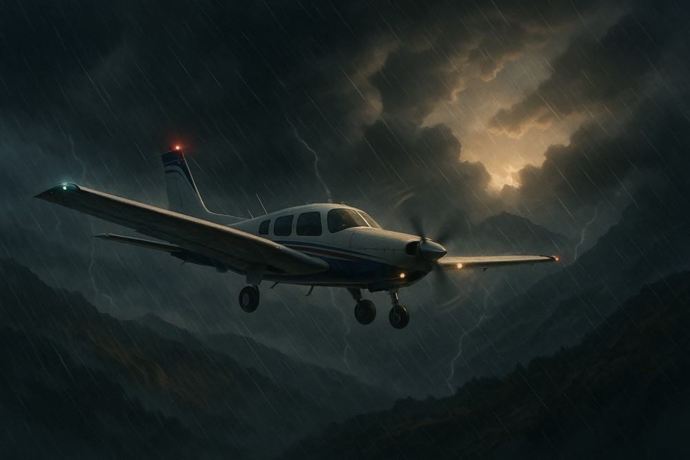A single-engine aircraft flying through heavy rain and turbulent skies near mountains, illuminated by distant lightning and sunlight breaking through storm clouds, symbolizing advanced weather simulation training.