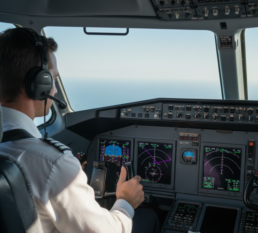 An illustration showing an aircraft maneuvering to intercept and track a VOR radial, with flight deck instruments indicating the course correction needed.