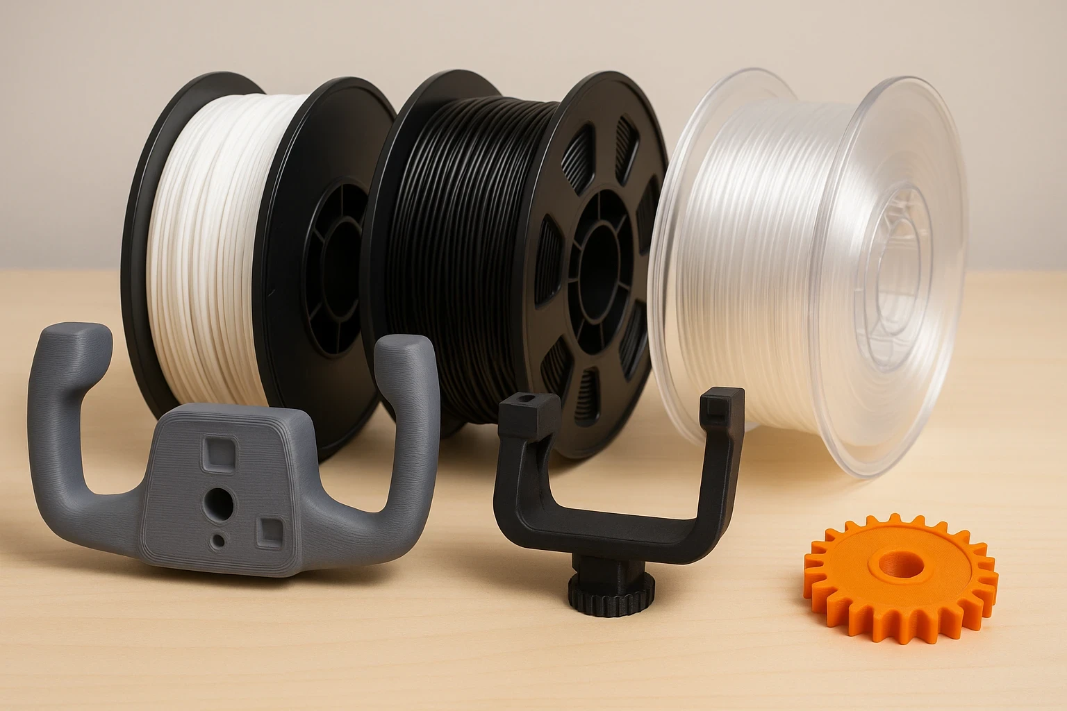 Three spools of 3D printing filament—PLA, ABS, and PETG—displayed with corresponding 3D-printed flight simulator parts such as a yoke handle, a joystick clamp, and an orange gear, illustrating how different materials affect simulator components.
