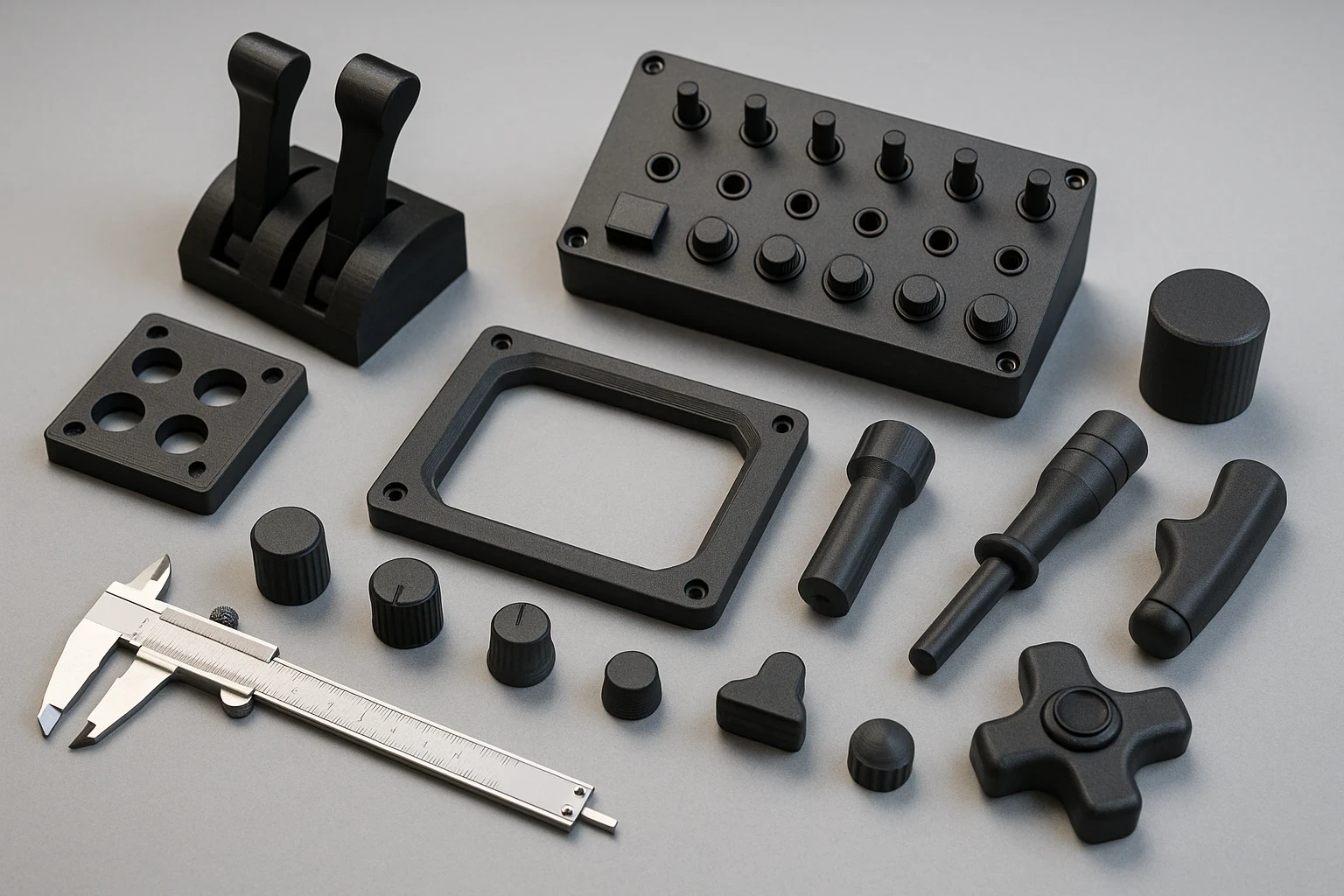 A high-quality layout of 3D-printed cockpit accessories for flight simulators, including throttle levers, switch panels, knobs, and precision parts, arranged on a gray surface with a metal caliper for scale and design reference.