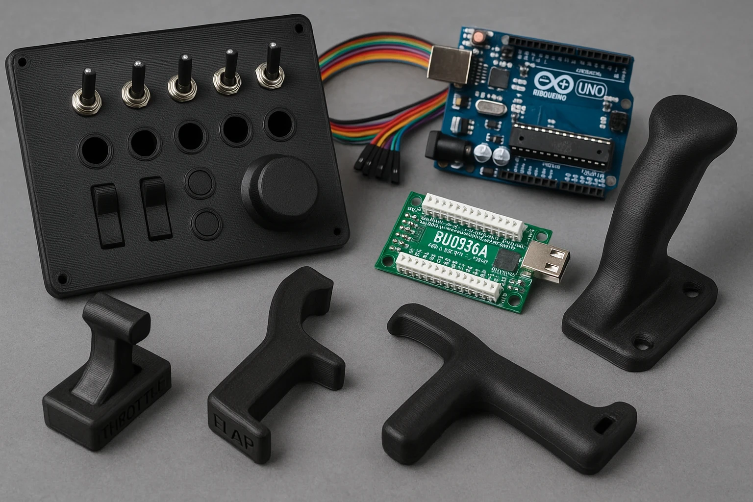 A high-quality photo featuring 3D-printed flight simulator components alongside electronics such as an Arduino board, a USB input controller, jumper wires, and a custom switch panel, illustrating how printed parts are integrated with real cockpit electronics.