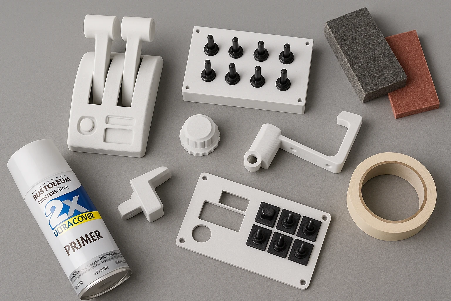 A high-quality photo showing 3D-printed flight simulator parts alongside sanding sponges, primer spray, masking tape, and cockpit components like a throttle quadrant and switch panel, illustrating the finishing and assembly process for custom simulator hardware.