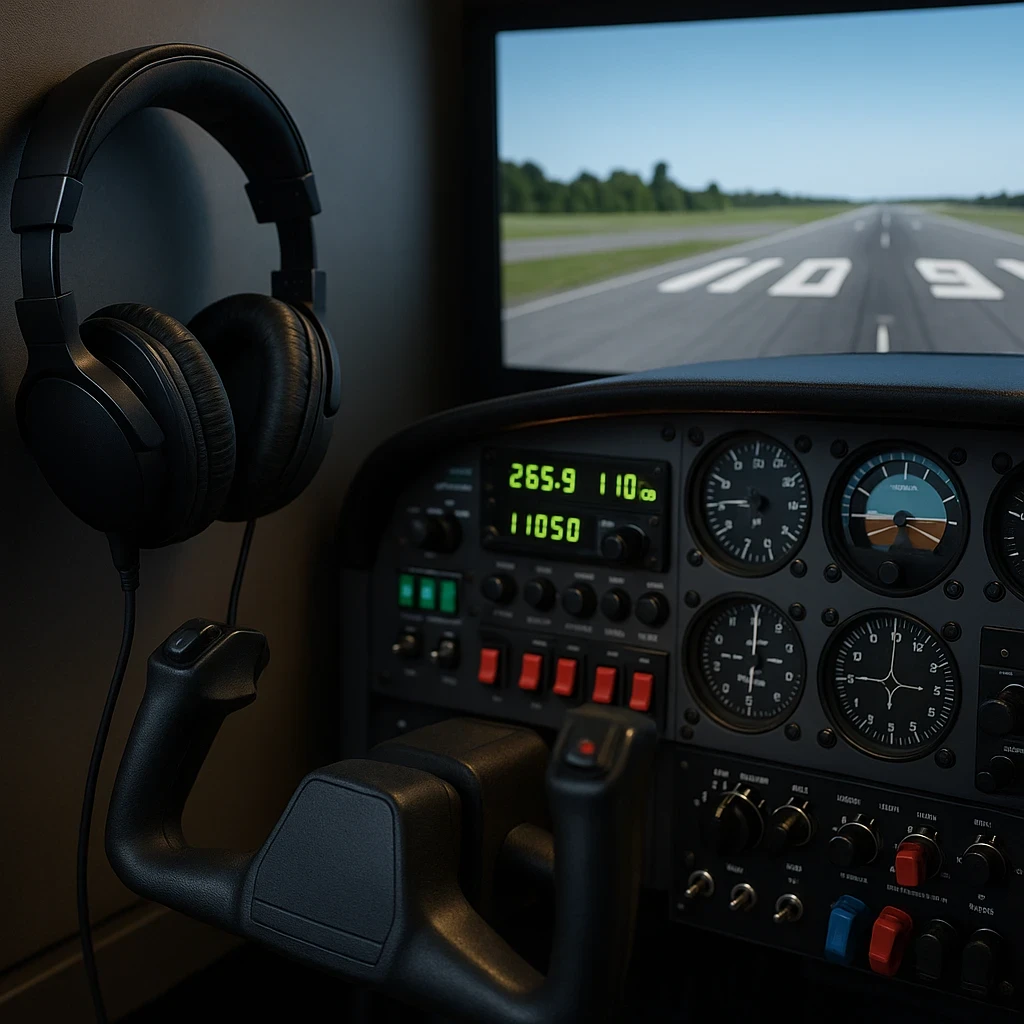 A high-quality cockpit scene featuring a flight yoke, detailed instrument panel, and over-ear headphones beside a monitor showing a runway, illustrating immersive audio upgrades in flight simulation.