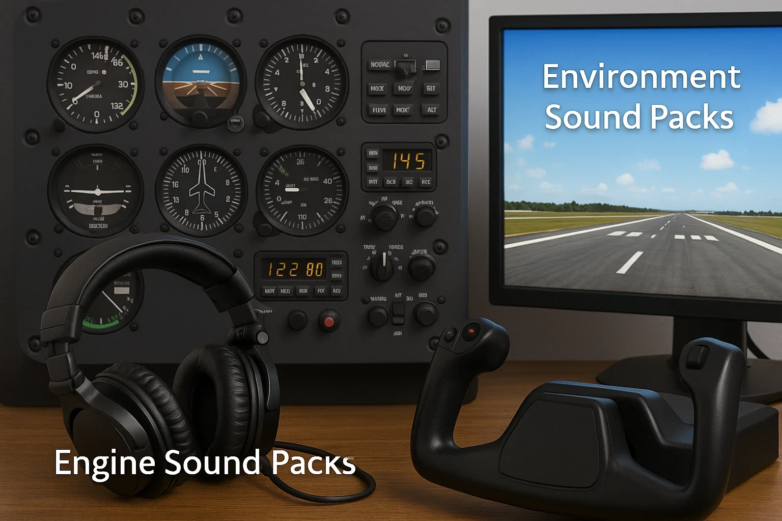 A high-quality cockpit setup featuring headphones, a flight yoke, detailed instrument panel, and a monitor displaying a runway, representing the contrast between engine sound packs and environment sound packs in flight simulation.