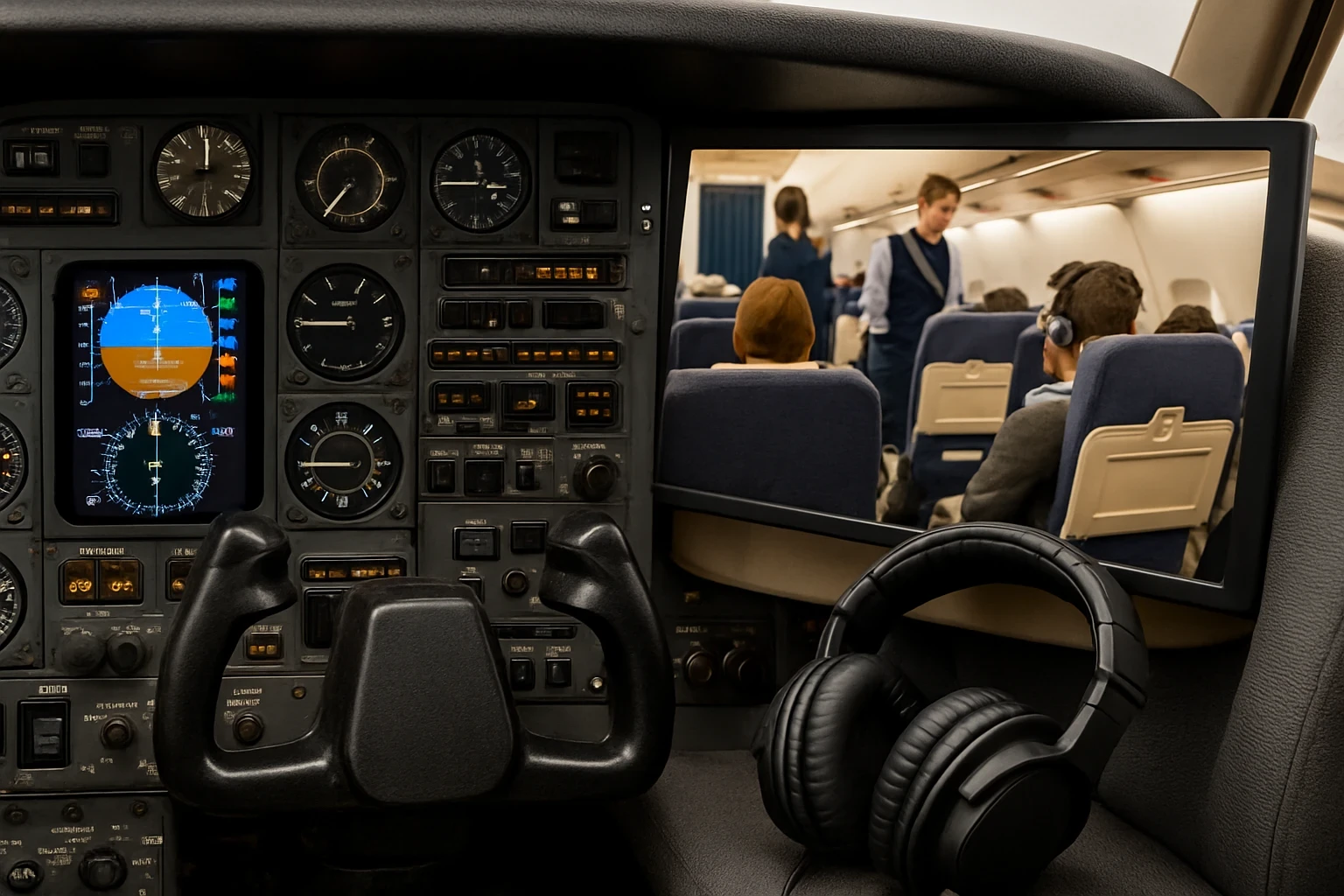 A high-quality cockpit scene showing aircraft instruments, a flight yoke, and a monitor displaying a passenger cabin, with headphones resting nearby, illustrating immersive cabin audio enhancements in flight simulation.