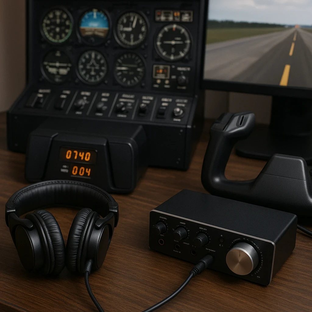 A high-quality image of a flight simulator desk setup featuring studio headphones, an audio interface, a flight yoke, and detailed cockpit instruments, representing optimized audio settings for enhanced sound mod performance.