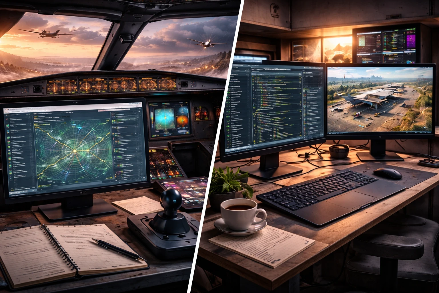 Split-screen setup showing a cockpit mission editor on the left with waypoint planning, and a dual-monitor external scripting environment on the right, featuring advanced coding tools and 3D scenario previews.