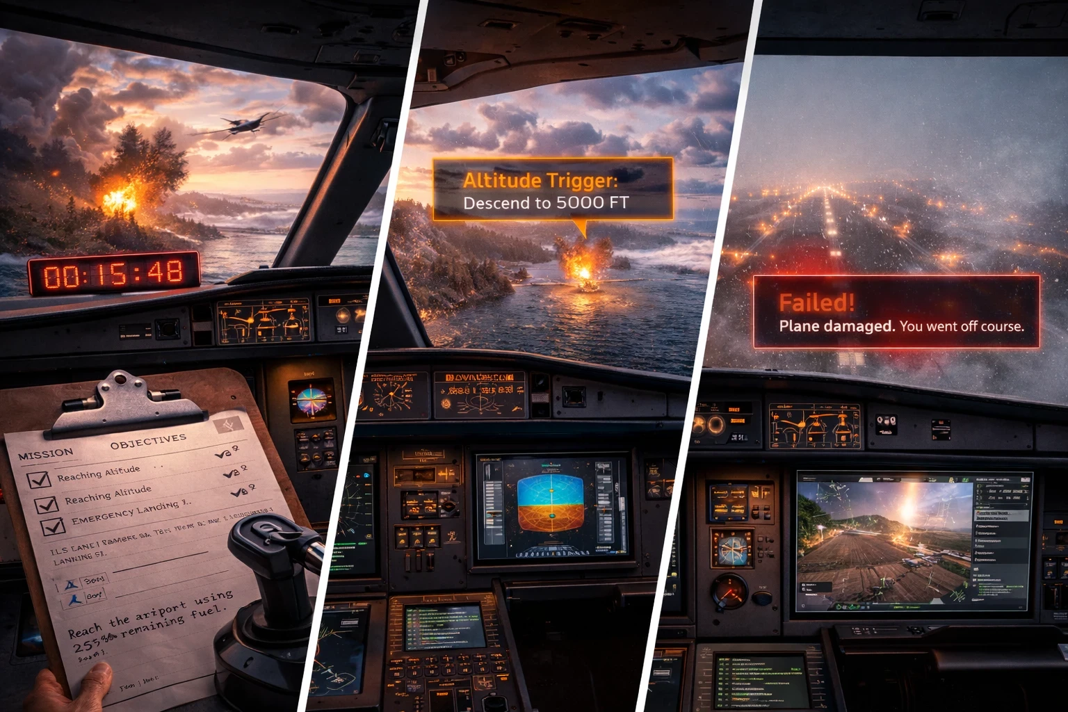 Flight simulator cockpit scene divided into three segments: a clipboard showing mission objectives and a countdown timer, a center view with an altitude trigger during an aerial event, and a foggy runway approach displaying a mission failure warning.